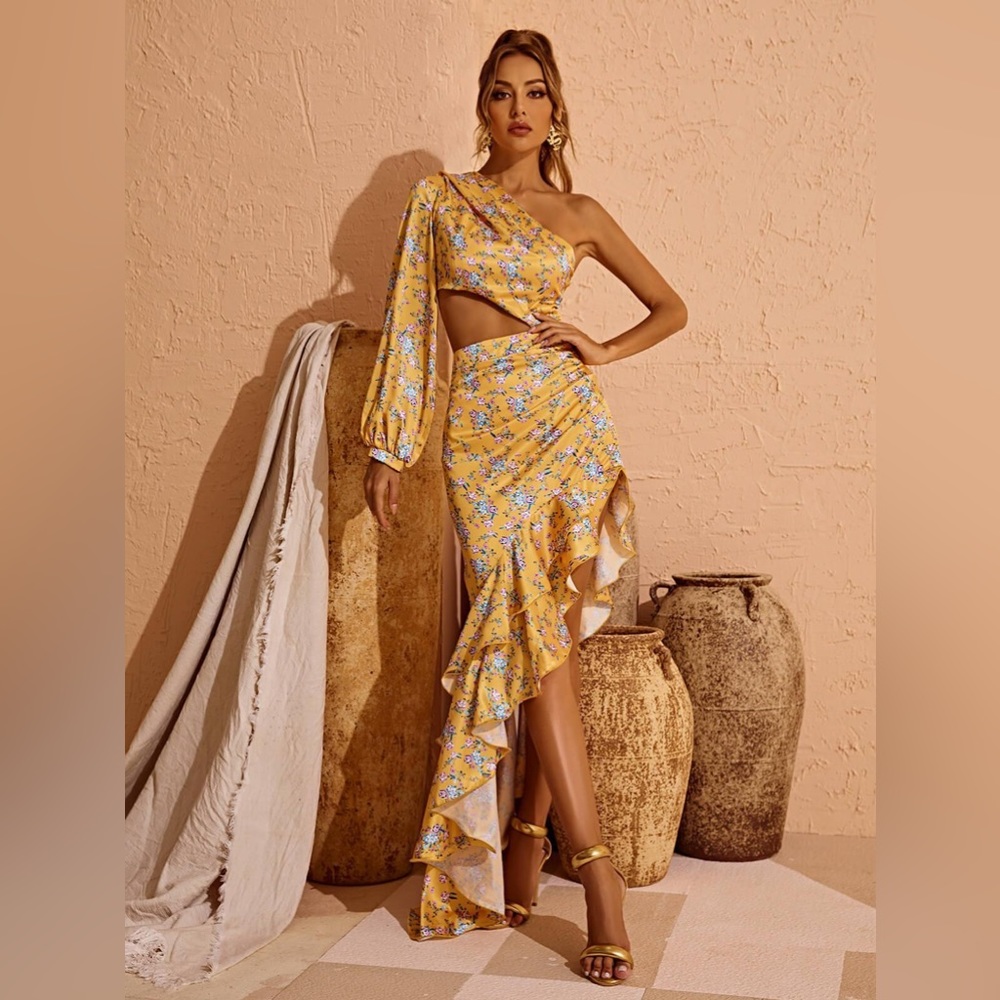 Aiyana One Shoulder Summer Floral Maxi Dress In Yellow
